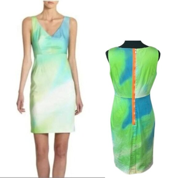 Elie Tahari Camellia Dress Sleeveless Watercolor Orange Back Zipper Sheath 8 - Picture 1 of 13